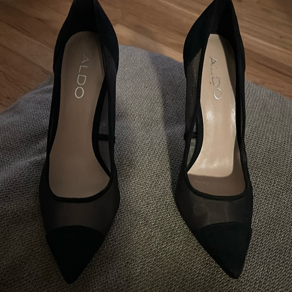 Aldo black pumps- black velvet tip and heel sides are sheer mesh.